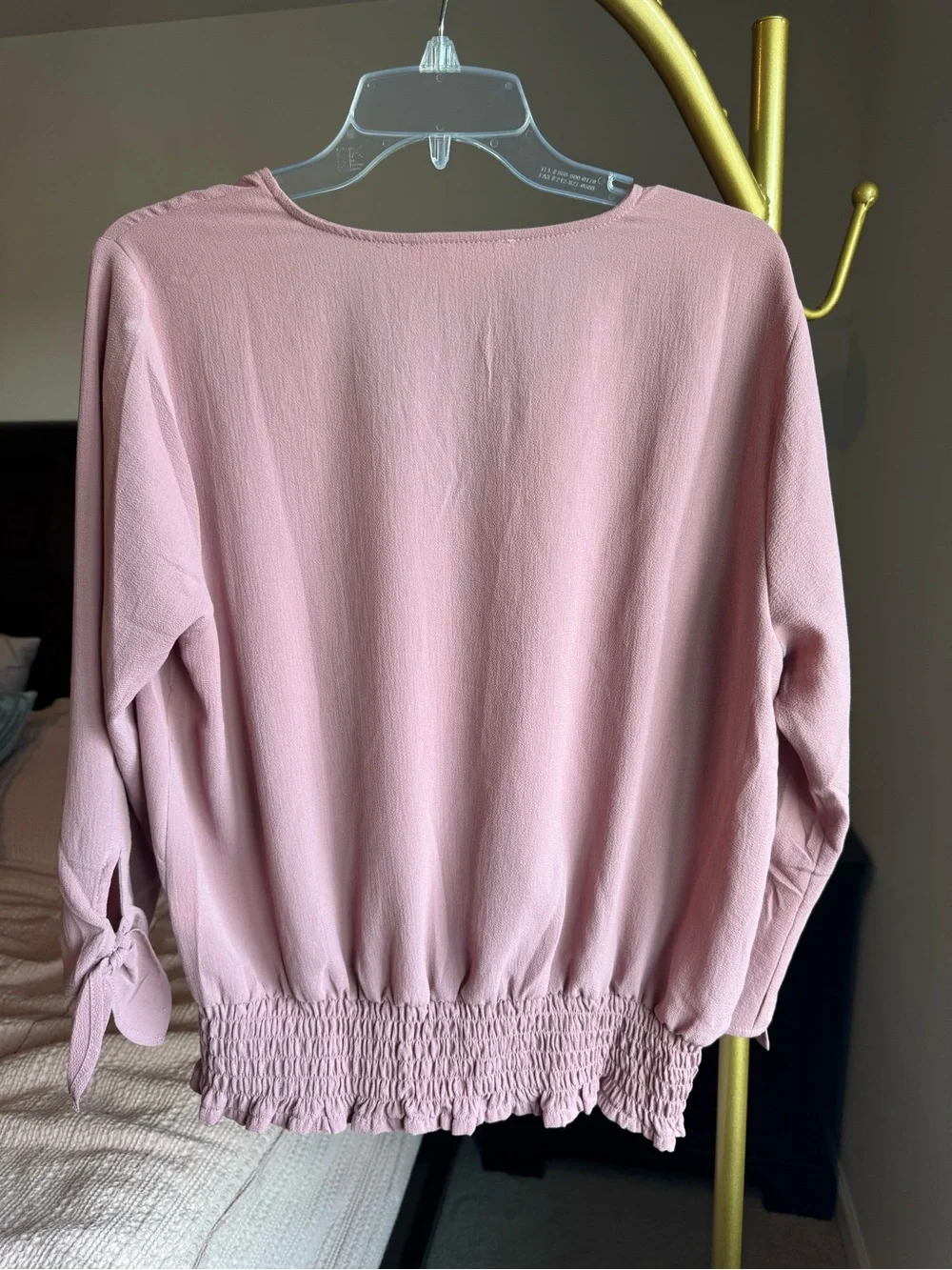 Michael Kors Pink Surplice Smocked Waist Blouse Tie Sleeve Top Large